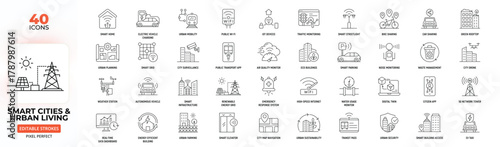 Smart Cities & Urban Living Line Icon Set – Mobility, Sustainability, Infrastructure, Innovation, Editable Stroke.