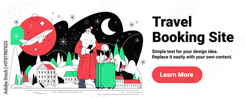 Fotografie Santa travel booking site Christmas airplane winter landscape suitcase night sky