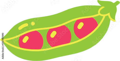 Vibrant pea pod with three red peas fresh food illustration
