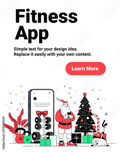 Santa Christmas fitness app holiday workout smartphone gym equipment Christmas tree gifts festive background website banner
