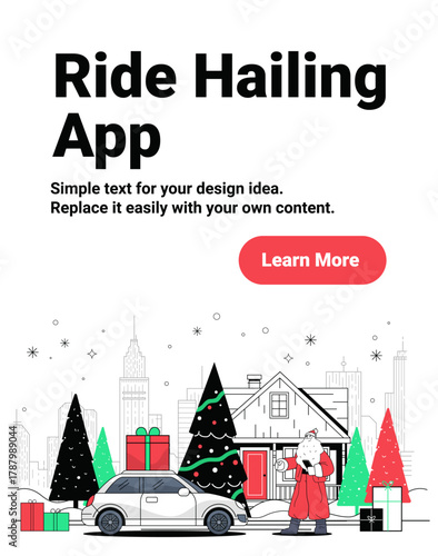Santa Christmas ride hailing app winter holiday car gift city house snowy trees festive celebration urban landscape template