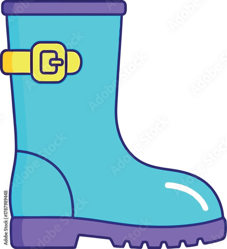Turquoise rain boot with purple sole and yellow buckle