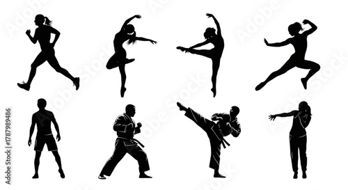 Implied Action Pose Silhouette Set — Dynamic Sports, Martial Arts, Dance, and Fitness Figures on White Background