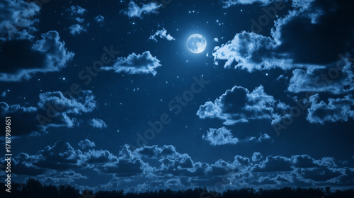 Starry sky with moon lights up cloudy night above rolling hills, offering cosmic and peaceful landscape.