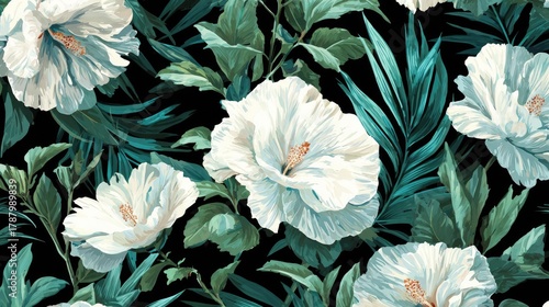 Elegant pattern featuring large white blossoms and lush dark foliage against a black background