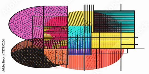An abstract colorful background featuring geometric squares integrated with urban architecture elements like metal window frames and glass building walls under a clear sky illustration