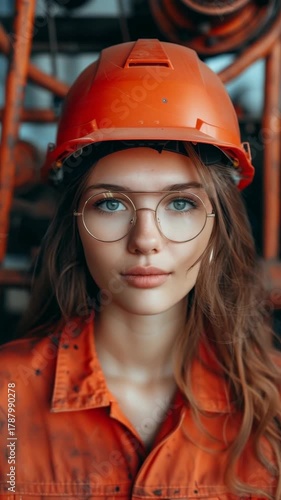 Woman wearing orange protective helmet and glasses, worker safety concept, industrial setting. Vertical video.