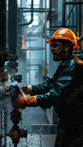 Engineer operates industrial valve system with splashing water in a dark factory setting. Vertical video.