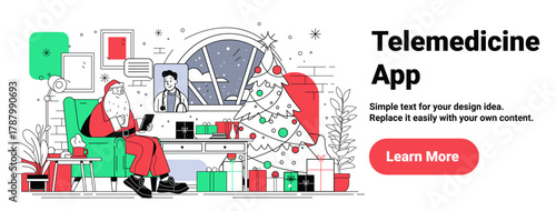 Santa telemedicine Christmas doctor consultation holiday scene with gifts Christmas tree cozy winter interior festive decor digital healthcare concept website banner