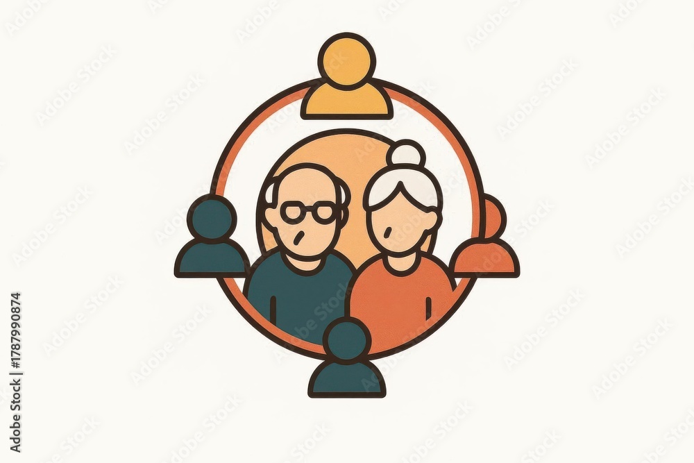 Obraz premium Elderly Care Community: Stylized flat icon of community support network, minimal geometric illustration 