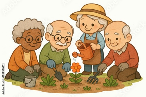 elderly people gardening together, colorful, cheerful clip art preview