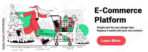 Santa Christmas shopping cart gifts e-commerce festive holiday scene decorated trees presents modern website banner