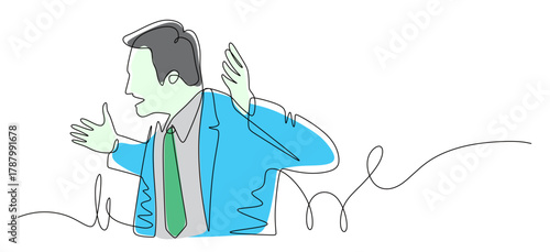 Continuous line art of a businessman shouting and getting angry at his subordinates. The concept of a worker's declining performance. A beautiful colored image.