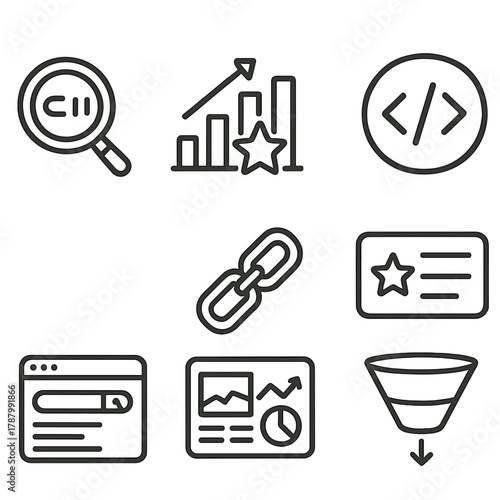 E-Commerce SEO Icons. E-Commerce SEO outline icons: keyword search icon, product ranking chart, meta tag badge, optimized title card, search results page, backlink chain icon,
