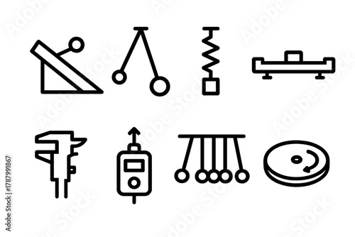 Physics Lab Icons. Mechanics Lab linear icon set: inclined plane, pendulum bob, spring-mass oscillator, air track glider, vernier caliper, force sensor, Newton’s cradle, rotating