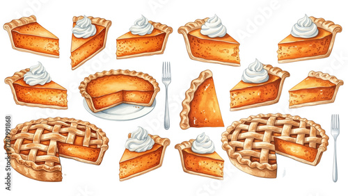A collection of watercolor illustrations of pumpkin and apple pies, featuring whole pies and slices with lattice crusts and whipped cream.