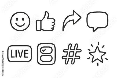 Social Media Icons. Social Media User Engagement outline icons: reaction emojis, share button set, comment bubble icons, live event badge, story poll sticker, hashtag highlight,
