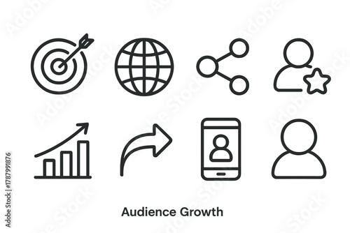 Digital Growth Icons. Audience Growth linear icon set: target icon, globe, connection nodes, follower badge, growth chart, share arrow, mobile screen, user profile.