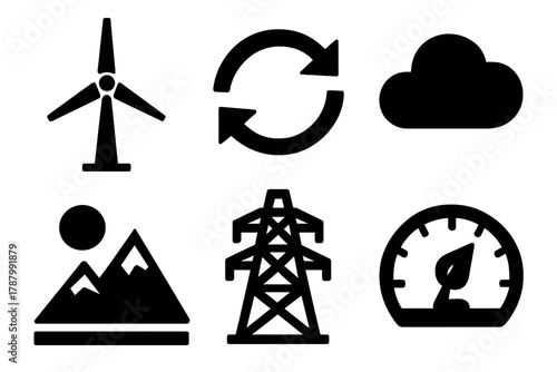 Bold Wind Energy Icons. Wind Energy silhouette icon set: wind turbine, rotation arrows, mountain landscape, cloud icon, energy tower, eco meter.