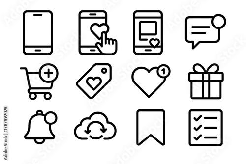 Mobile Wishlist Icons. Mobile Wishlist Features linear icon set: smartphone, heart tap, push notification, product card, add-to-cart icon, tag label, wish counter, gift symbol,