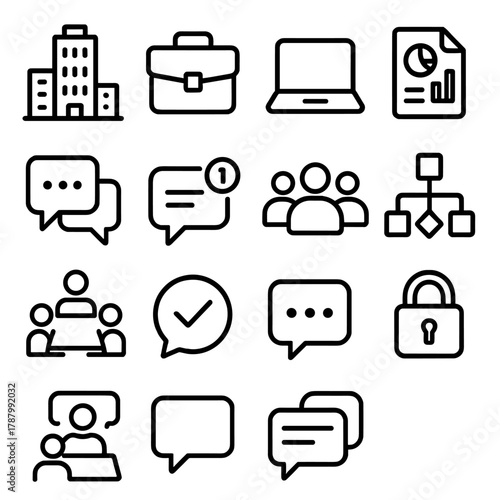 Corporate Icon Set. Corporate Workplace Chat linear icon set: office building, briefcase, laptop, report file, message thread, notification alert, team avatar, workflow chart,