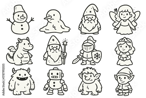 Winter Snow Icon Set. Winter Snow Figures outline icons: icy snowman, melting snowman, snow gnome, snow fairy, snow dragon, snow wizard, snow knight, snow princess, snow monster,