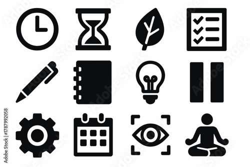 Mindful Icon Collection. Mindful Time Management silhouette icon set: clock, sand timer, leaf, checklist, pen, notebook, light bulb, pause symbol, gear, calendar, focus eye,