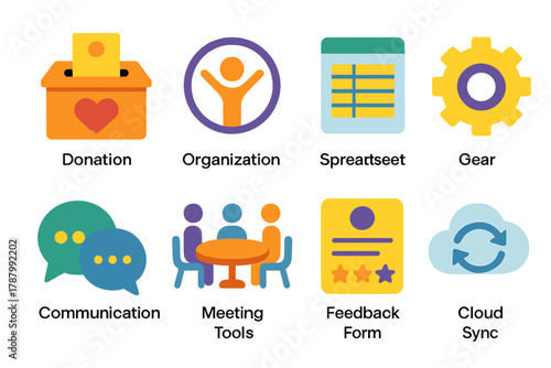 Nonprofit Workflow Icons. Nonprofit Operations flat icons: donation box, organization logo, spreadsheet, gear icon, communication tool, meeting table, feedback form, cloud sync.