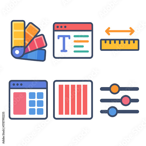 Modern UI Design Elements. UI Flexibility flat icons: color palette, typography icon, interface window, spacing ruler, layout grid, settings sliders.