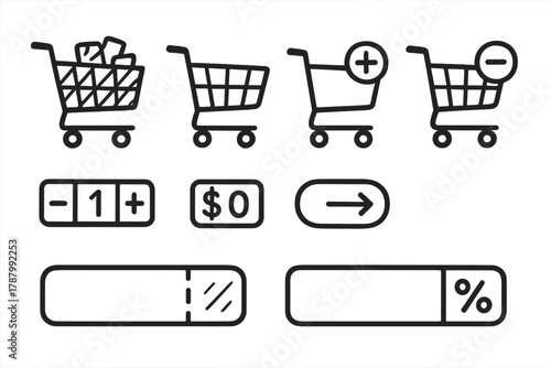 Doodle Shopping Icons. Shopping Carts outline icons: full cart icon, empty cart outline, add-to-cart button, remove item badge, quantity selector, total price display, checkout