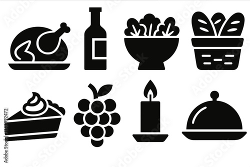 Festive Feast Icons. Holiday Feast Icons silhouette icon set: roast chicken, wine bottle, salad bowl, bread basket, pumpkin pie, grapes, candle, serving tray