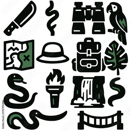 Brutalist Jungle Icons. Jungle Expedition silhouette icon set: machete, vine, binoculars, parrot, map, explorer hat, backpack, tropical leaf, snake, torch, waterfall, wooden bridge