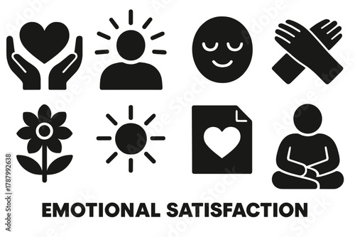 Emotional Satisfaction Icons. Emotional Satisfaction silhouette icon set: heart in hands, glowing aura, peaceful face, hug symbol, blooming flower, sunshine, gratitude note,