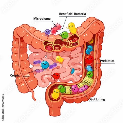 Gut Microbiome and Probiotics Diagram: Detailed illustration of beneficial bacteria and prebiotics interacting with the human intestine and gut lining, showing digestive health and immunity.