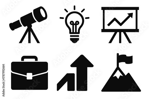 Visionary Business Icons. Business visionary thinking silhouette icon set: telescope, light bulb, chart board, briefcase, upward arrow, flag on mountain.