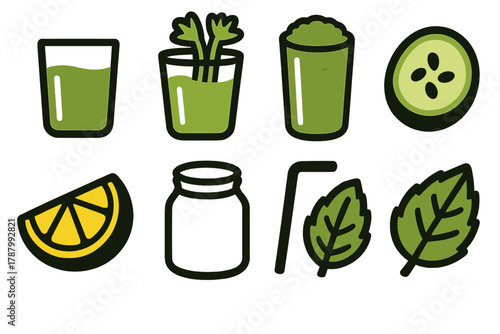 Brutalist Juice Icons. Healthy Juices silhouette icon set: green juice, celery juice, spinach smoothie, cucumber slice, lemon wedge, glass jar, straw, mint leaf.
