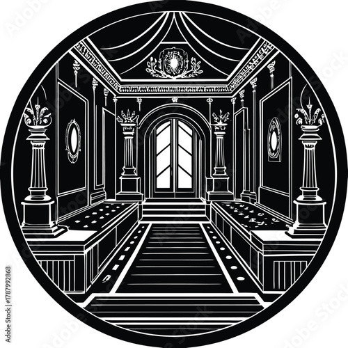 Black and white ballroom interior vector illustration background design