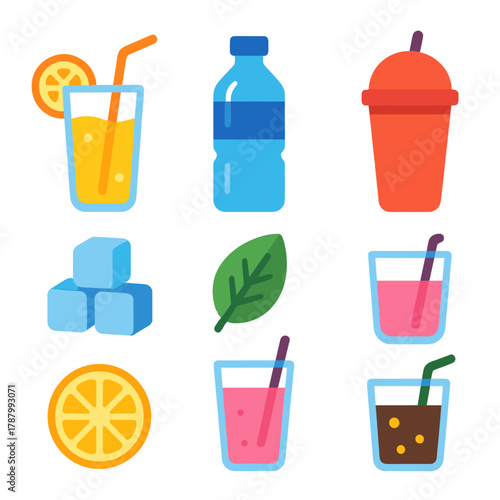 Vibrant Refreshment Icons. Refreshment flat icons: lemonade glass, water bottle, ice cubes, straw cup, mint leaf, citrus slice, smoothie glass, cold drink