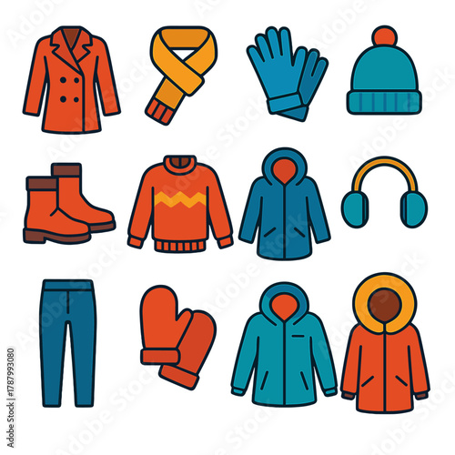 Winter Wear Icons. Winter Clothing flat icons: coat, scarf, gloves, beanie, boots, wool sweater, parka, earmuffs, thermal pants, mittens, snow jacket, fur hood.