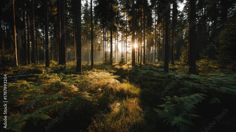 Naklejka premium Tranquil Forest Scene at Sunset with Soft Light Glowing through Tall Trees and Lush Green Ferns on a Serene Summer Evening
