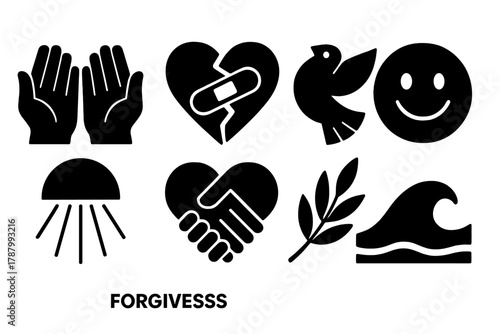 Brutalist Forgiveness Icons. Forgiveness Concept silhouette icon set: open hands, broken heart healing, peace dove, soft smile, light beam, heart handshake, olive branch, gentle
