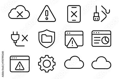 Disconnected Digital Icons. No Connection linear icon set: cloud with X, warning triangle, smartphone interface, data stream, network cable, offline badge, secure folder, app