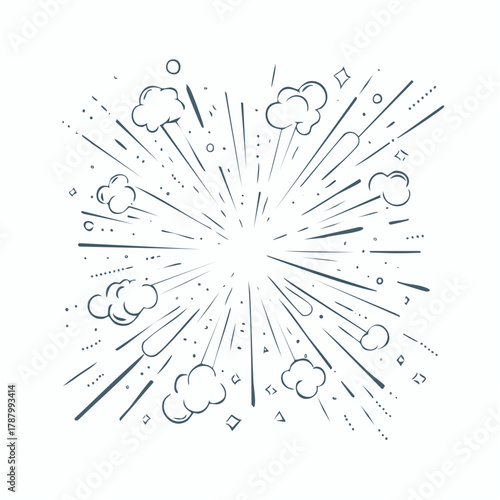 Explosive comic book burst with speed lines and scattered clouds, a dynamic retro design