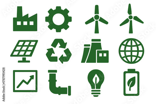 Industrial Green Icons. Industrial Green Technology silhouette icon set: factory building, gear, conveyor belt, wind turbine, solar panel, recycling symbol, power plant, globe,