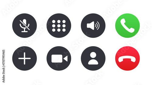 Phone calling icon set. Streaming icon set. Video call buttons set. Collection of internet conversation buttons. Answer and decline phone call buttons. Vector illustration