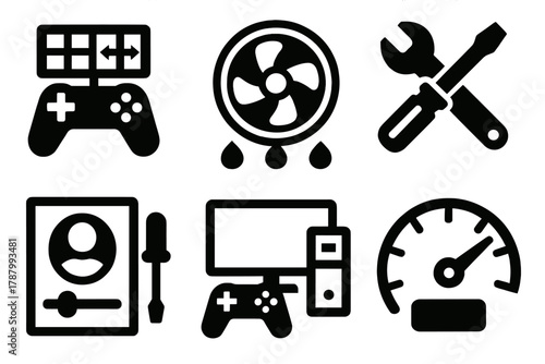 Bold Gaming Icons. Gaming Customization silhouette icon set: controller mapping, RGB profile, modding tools, avatar editor, gaming setup, performance tuning.