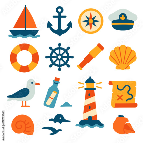 Nautical Adventure Icons. Ocean Voyage flat icons: sailboat, anchor, compass rose, captain’s hat, lifebuoy, ship wheel, telescope, seashell, seagull, message in a bottle,