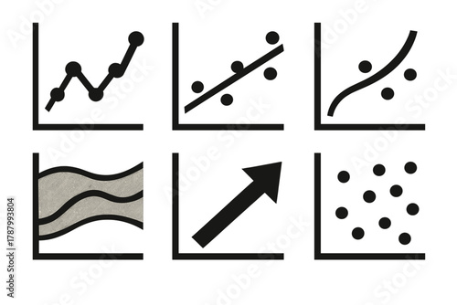 Bold Predictive Model Icons. Predictive Models silhouette icon set: time series, regression line, prediction curve, confidence interval, trend arrow, data scatter.