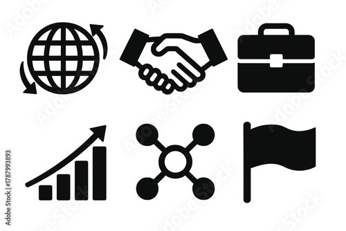 Bold Market Icons. Market share expansion silhouette icon set: globe with arrows, handshake, briefcase, growth bar, network nodes, flag.
