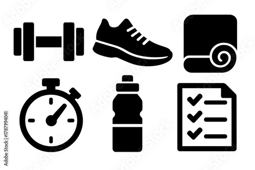 Fitness Icon Set. Fitness Training silhouette icon set: dumbbell, running shoe, yoga mat, stopwatch, water bottle, workout plan.